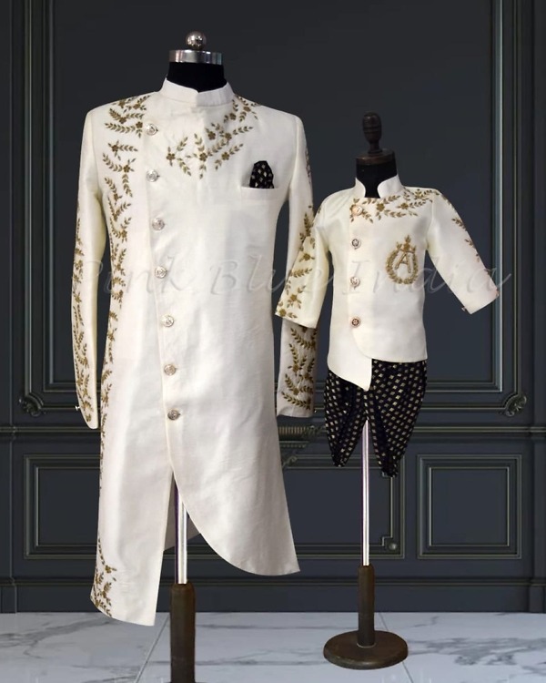 Dad-son embroidered sherwani with dhoti, cream, wedding, royal & stylish