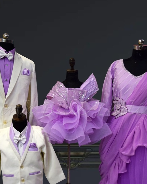 Lavender-themed family matching outfits, festive wedding wear