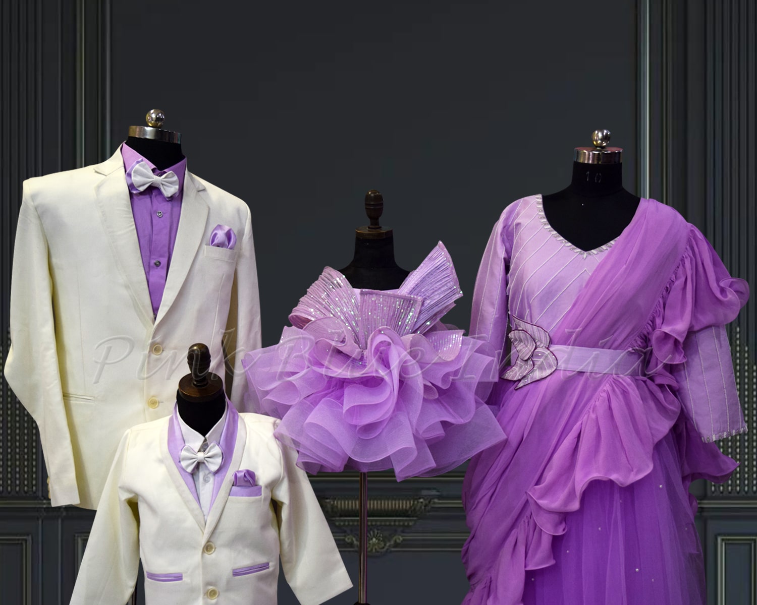 Lavender-themed family matching outfits, festive wedding wear