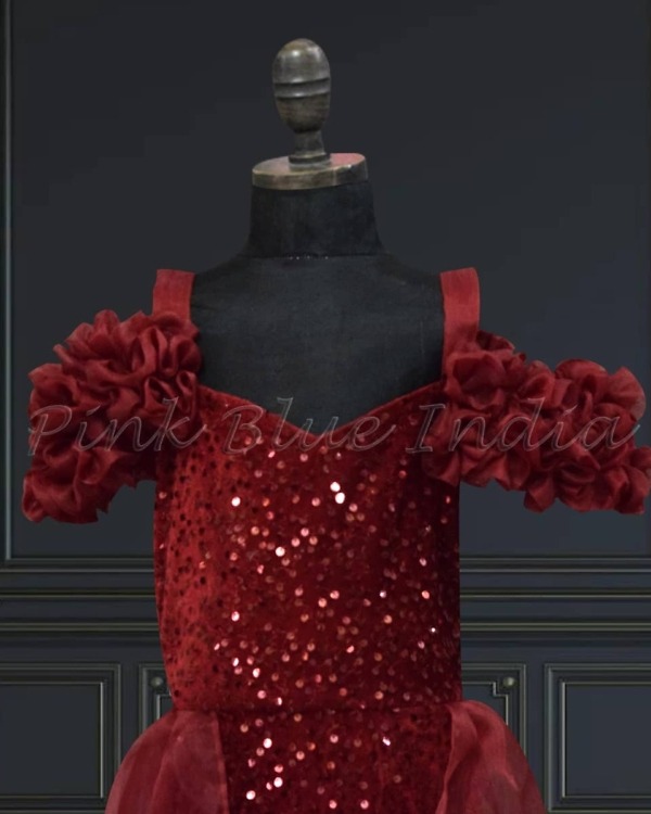 Maroon velvet off-shoulder gown for girls, party wear, elegant & stylish