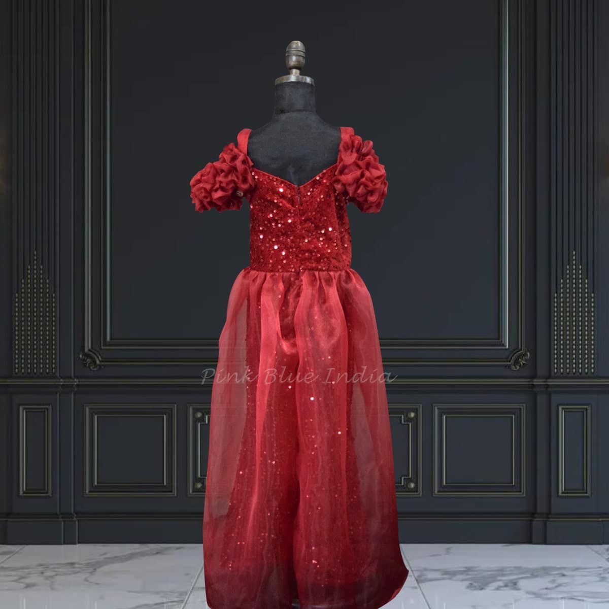 Girls maroon velvet gown, off-shoulder style, party, classy & chic