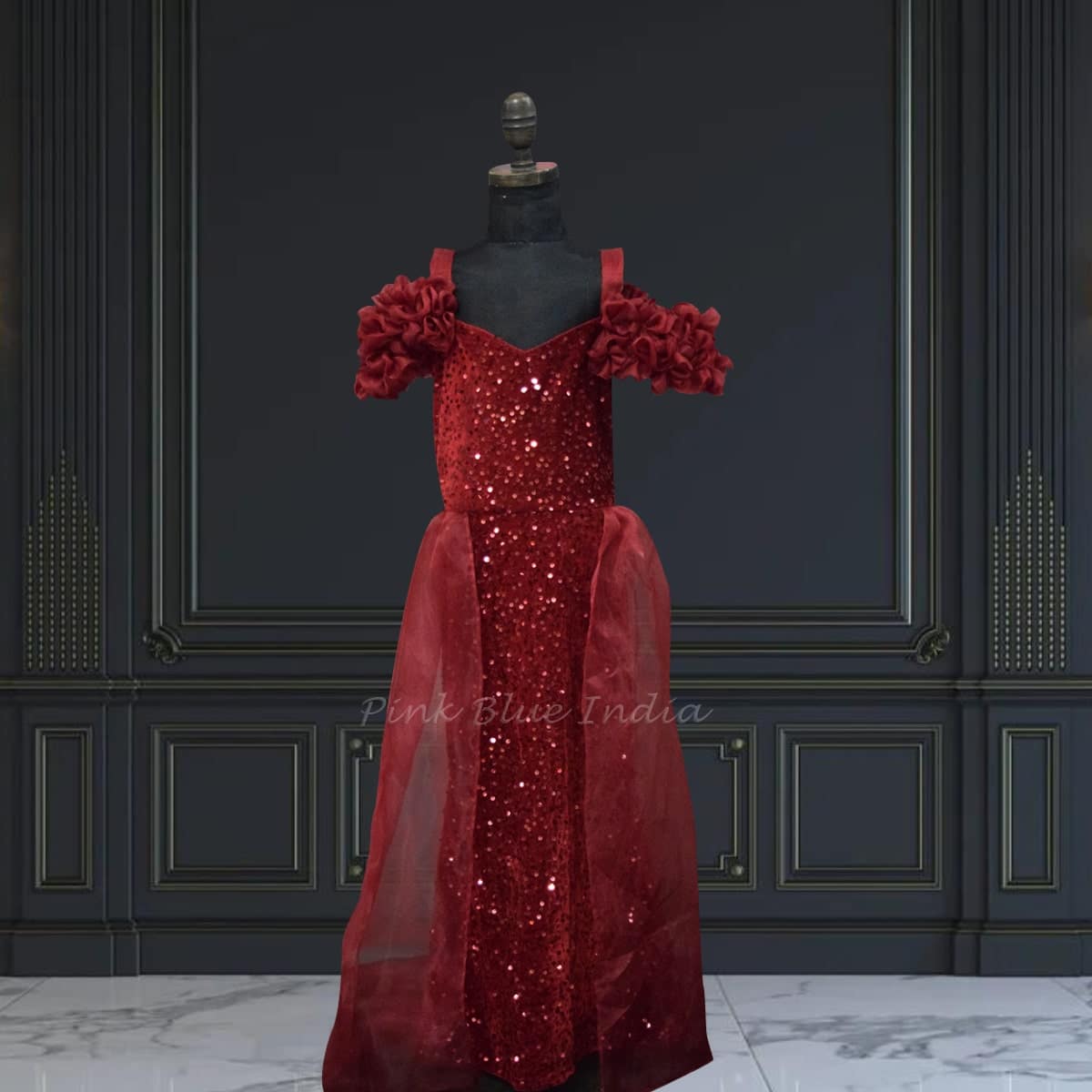 Off-shoulder maroon velvet party gown for girls, stylish & elegant