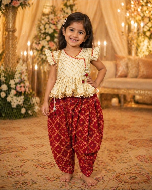 Baby Girls Peplum Top with Printed Dhoti and Potli Bag