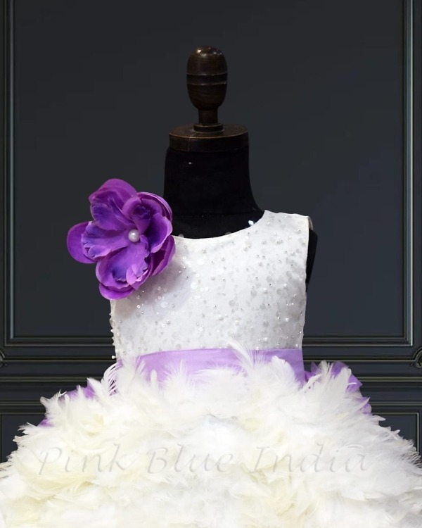 Girls princess feather gown, stunning long train for birthday celebration