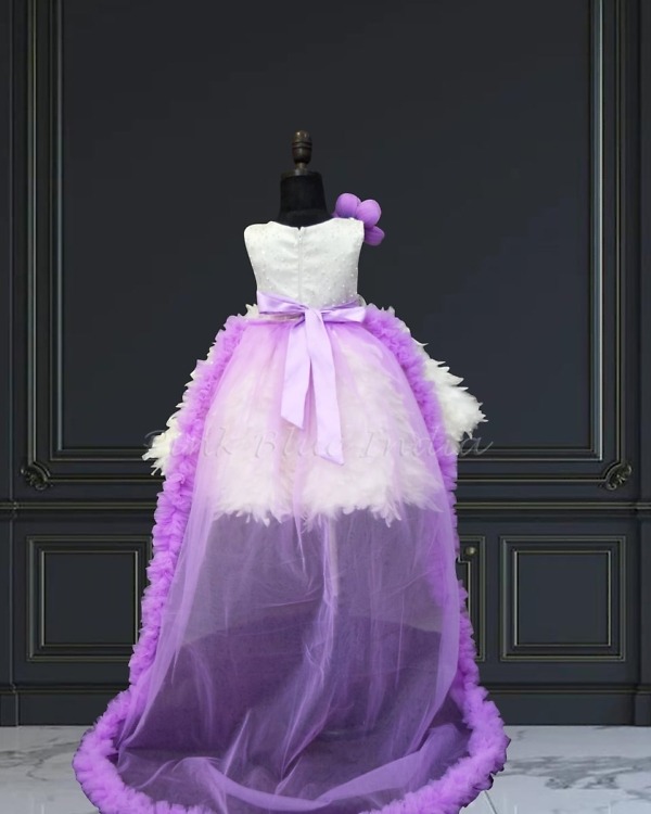 Princess feather gown with long train, cute birthday party dress