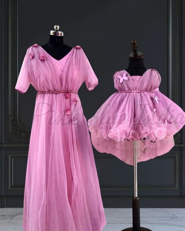Coordinated purple butterfly mother-daughter dresses, elegant & festive