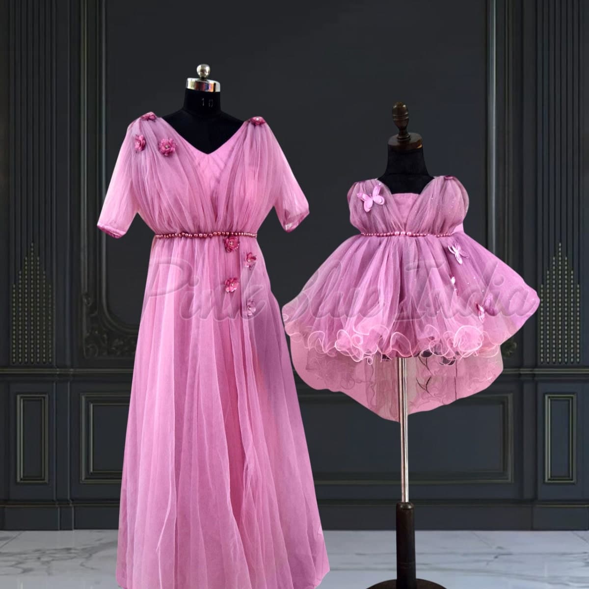 Coordinated purple butterfly mother-daughter dresses, elegant & festive