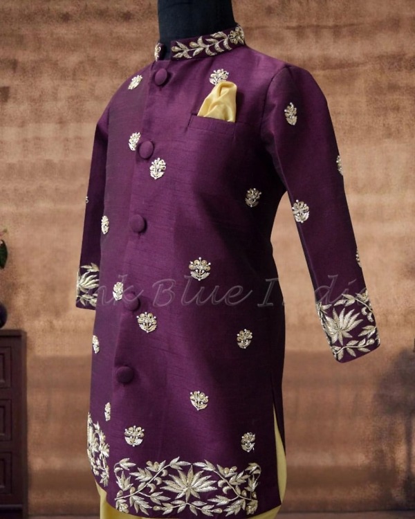 Kids purple royal wedding sherwani, stylish festive outfit