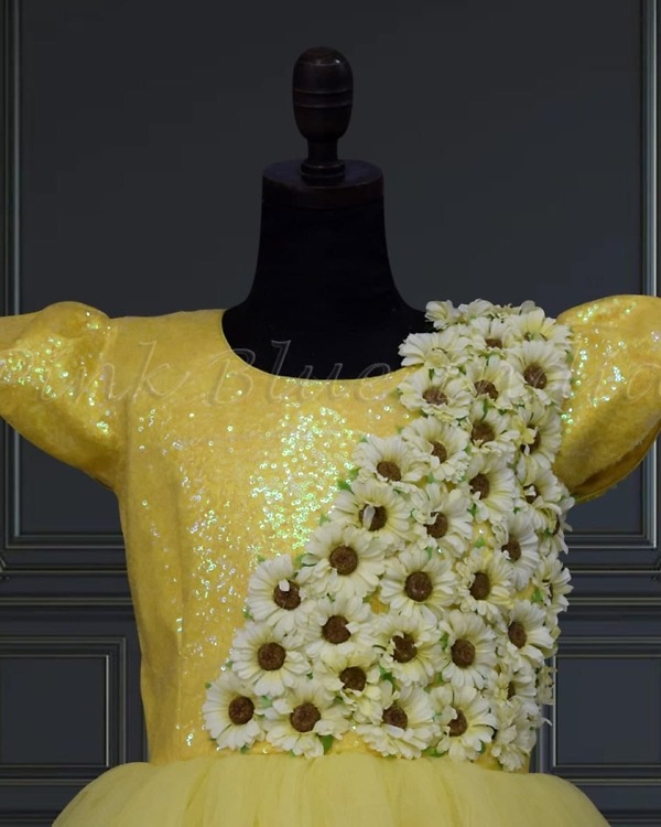 Sunflower theme birthday dress for baby girl, yellow, cute & cheerful