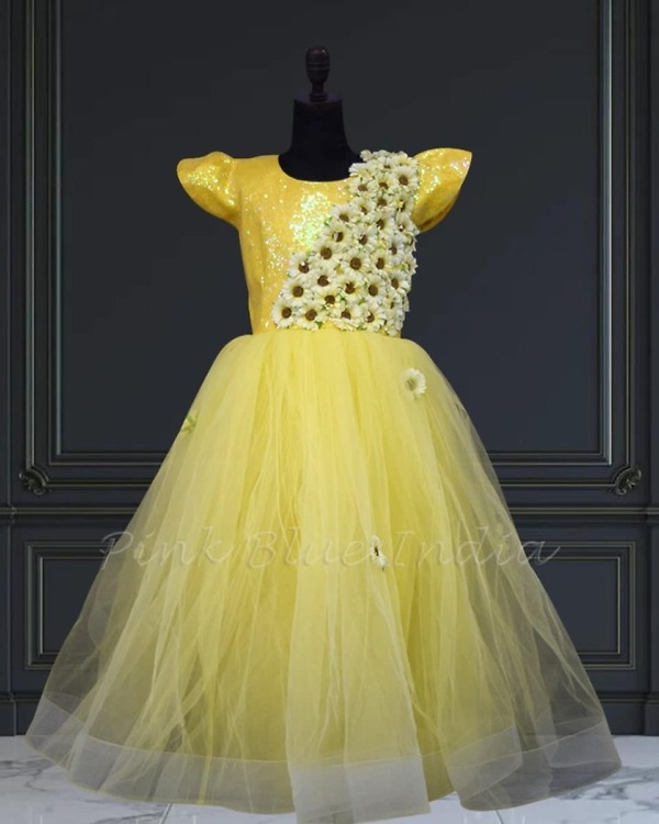 Yellow sunflower birthday dress for baby girls, festive, cute & lively