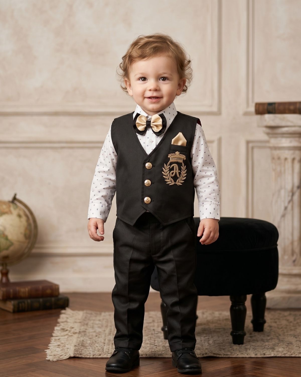 Toddler boy black waistcoat with white shirt personalized for first birthday formal party gift