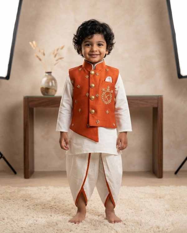 Toddler boy orange Nehru jacket with white kurta and dhoti designer set for festival ethnic