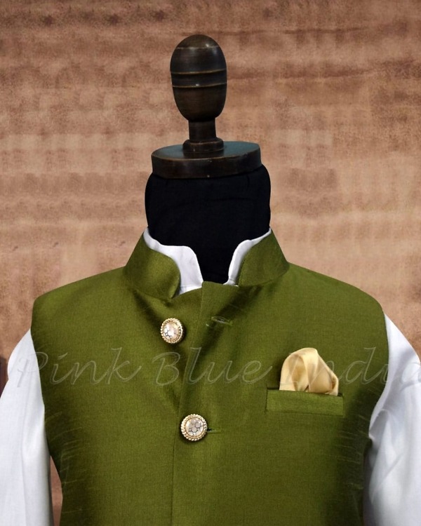 White silk kurta pajama with Nehru jacket for men, wedding, elegant & classic