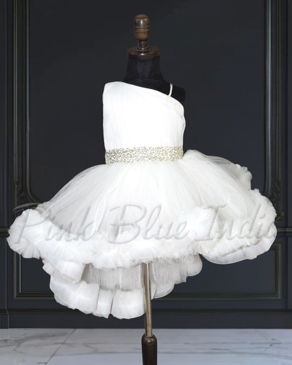 Baby girls white ruffled party gown, festive birthday, elegant & playful
