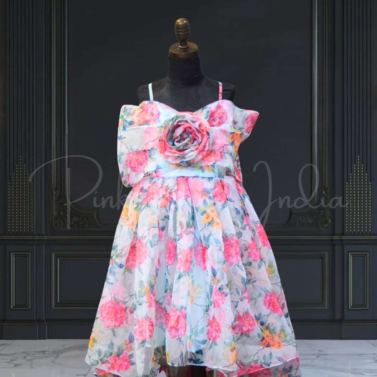 Blue floral organza summer dress for girls, cute birthday and festive look