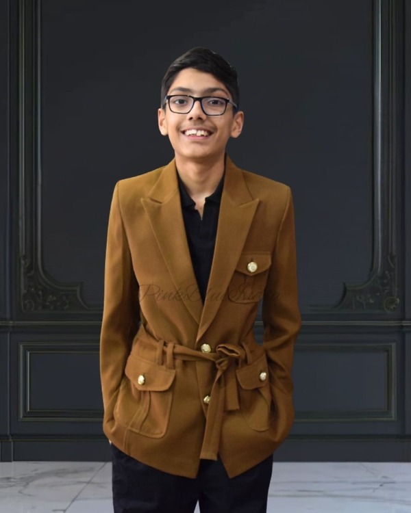 Designer trendy hunting jacket with belt for boys, stylish festive outfit