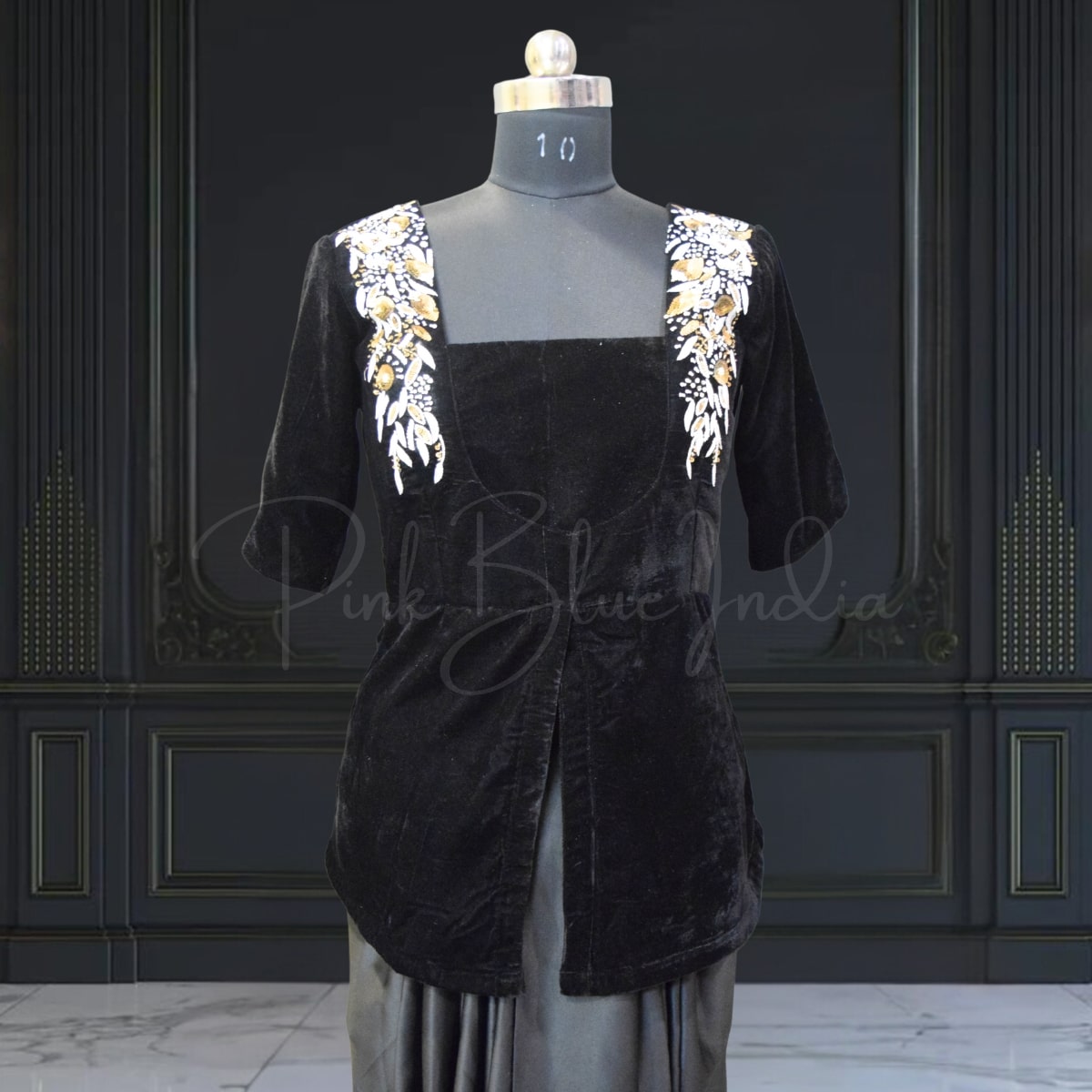 Velvet top with handwork and drape skirt for baby girls, stylish party wear