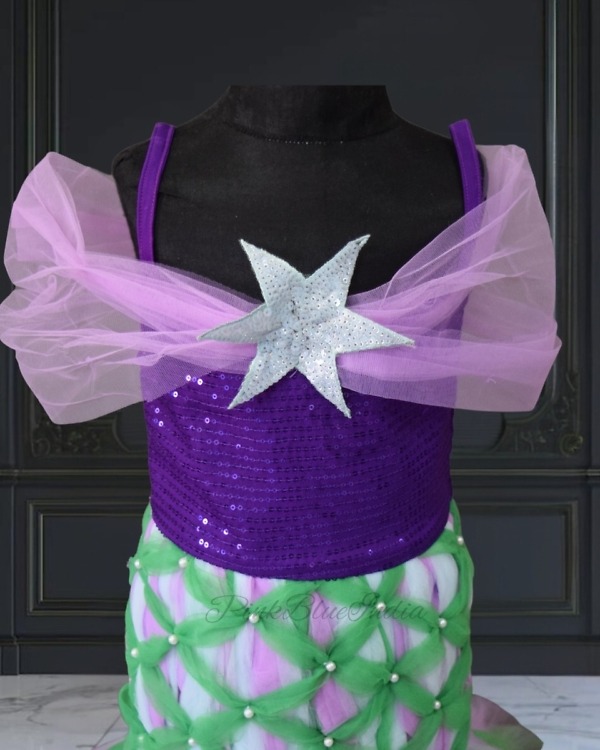 Designer mermaid gown with off-shoulder for kids, stylish birthday dress