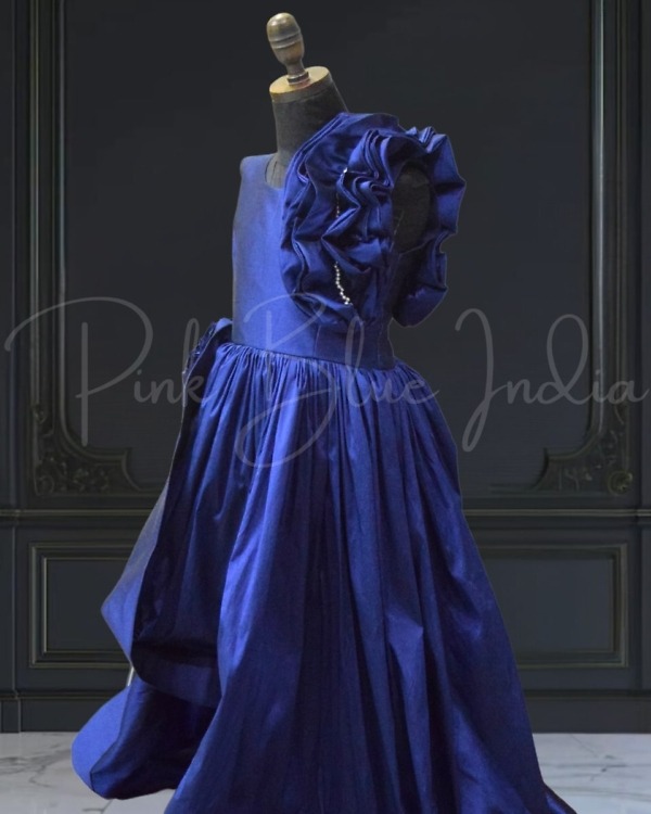 Electric blue high-low party dress with long train for girls, stylish look