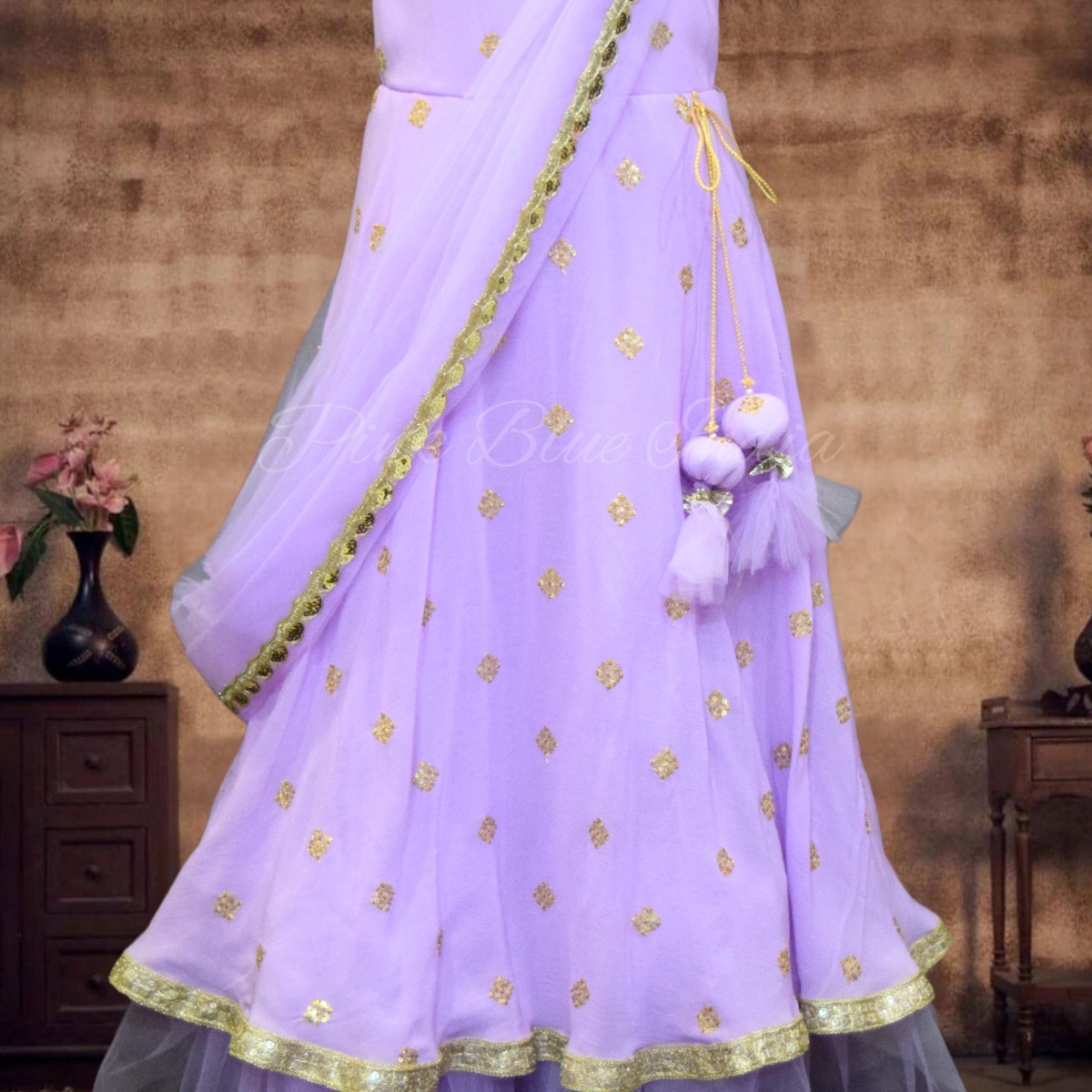 Girls lavender indo-western gown with dupatta, stylish wedding outfit