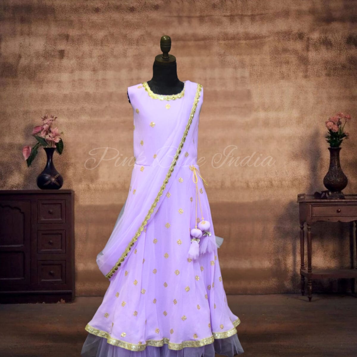 Girls lavender indo-western gown with dupatta, cute festive wear