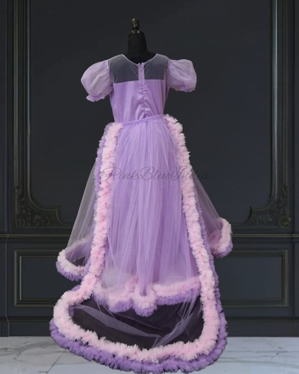 Lavender princess long gown with detachable train for girls, elegant party