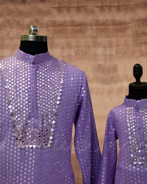 Mirror-work father-son twinning kurta salwar set, stylish wedding look