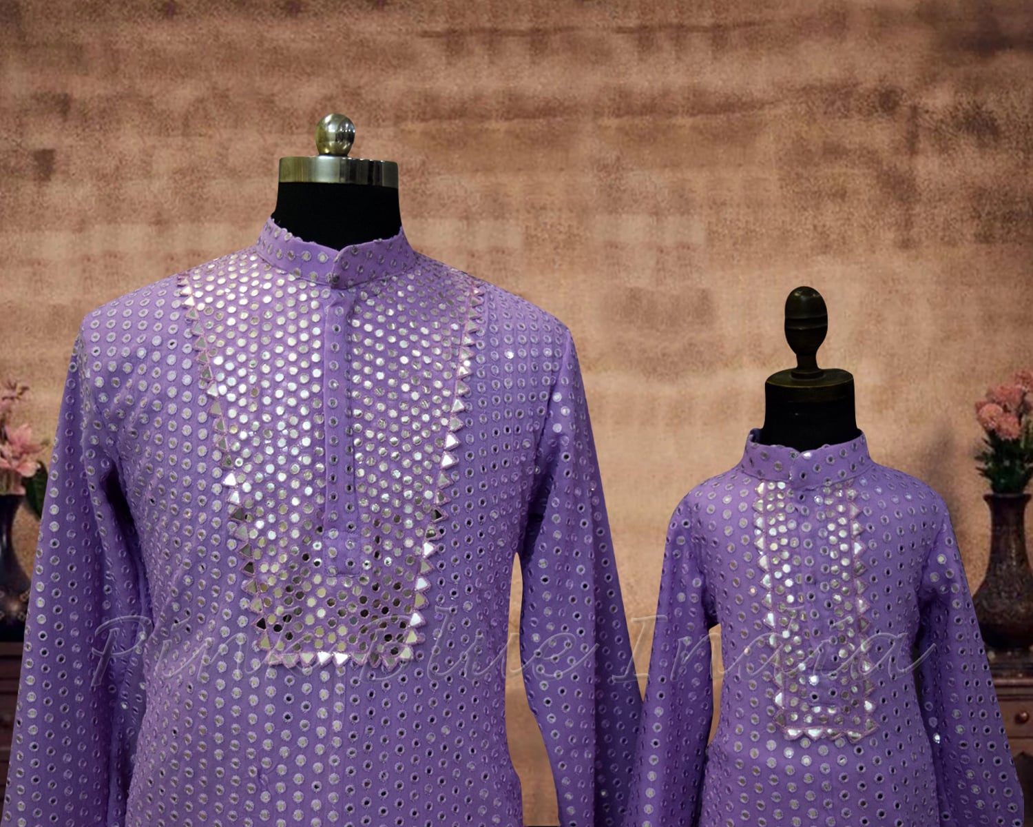 Mirror-work father-son twinning kurta salwar set, stylish wedding look