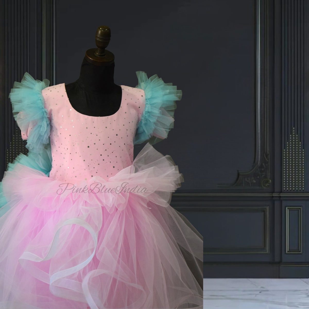 Pink-blue detachable party wear tail gown for girls, cute birthday gown