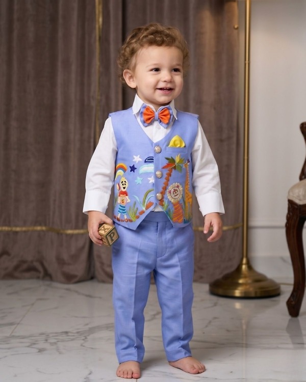 Toddler boy sky blue jungle adventure theme waistcoat outfit for first birthday party celebration