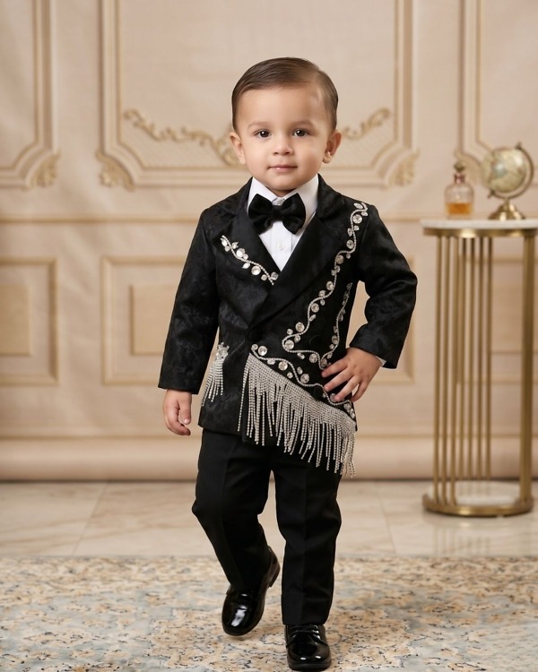 Baby boy black designer handwork tuxedo suit with bow tie for first birthday party celebration