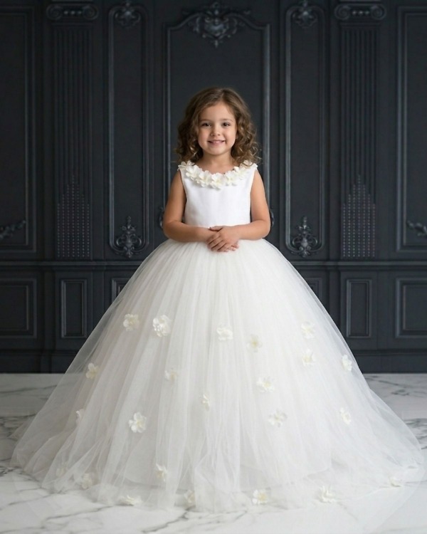 White princess girls dress frock, birthday party gown for kids elegant outfit