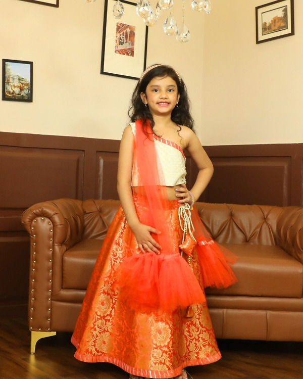 Girls Banarasi One Shoulder Lehenga Ethnic Outfit Pink Blue India front view