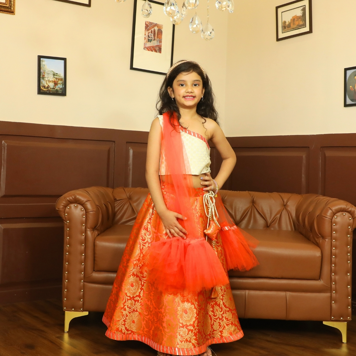 Girls Banarasi One Shoulder Lehenga Ethnic Outfit Pink Blue India front view