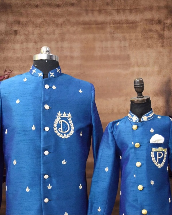 Father Son Royal Indo Western Set with Personalised Initial Pink Blue India