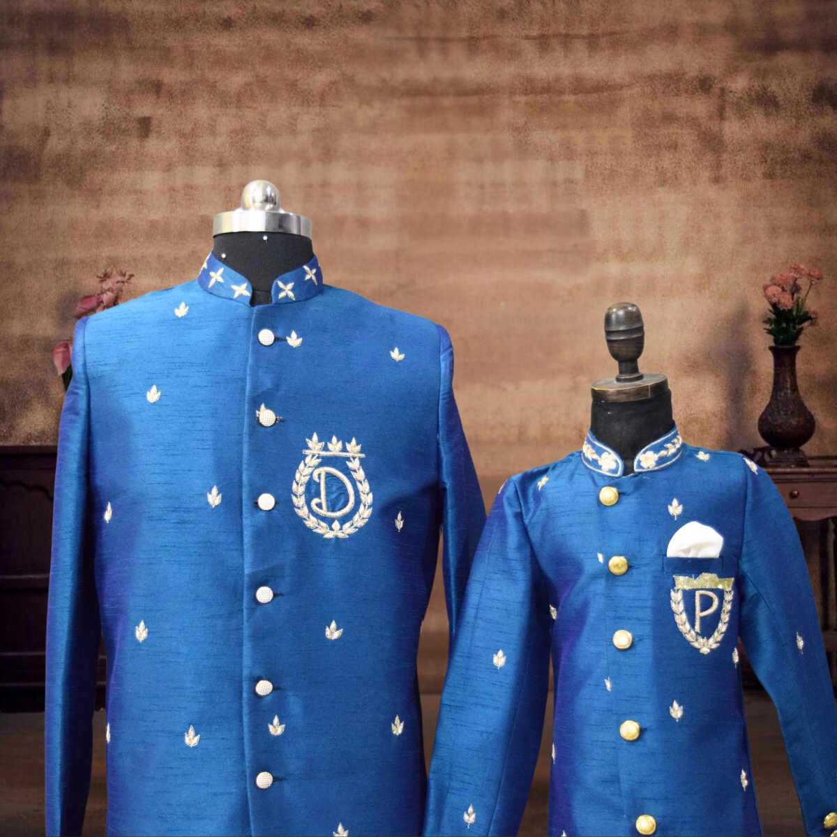 Father Son Royal Indo Western Set with Personalised Initial Pink Blue India