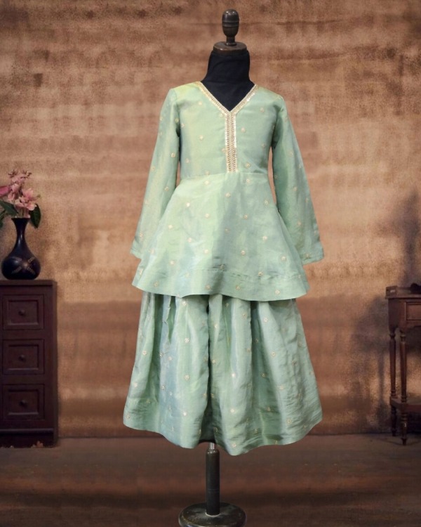 Girls Green Peplum Top Sharara Set Wedding Wear Ethnic Dress Pink Blue India