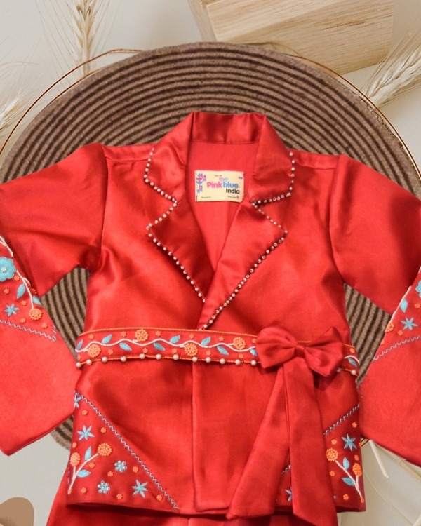 Girls Hand Embroidered Top with Pants Stylish Outfit Pink Blue India