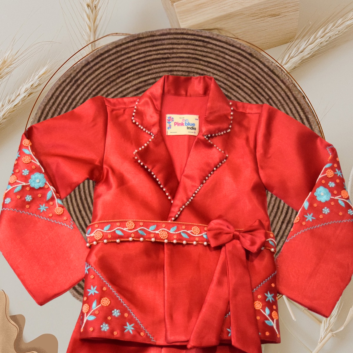 Girls Hand Embroidered Top with Pants Stylish Outfit Pink Blue India