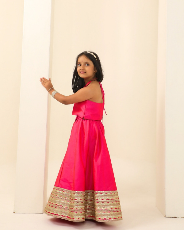 Girls Pink Halter Neck Lehenga Party Wear Pink Blue India side view