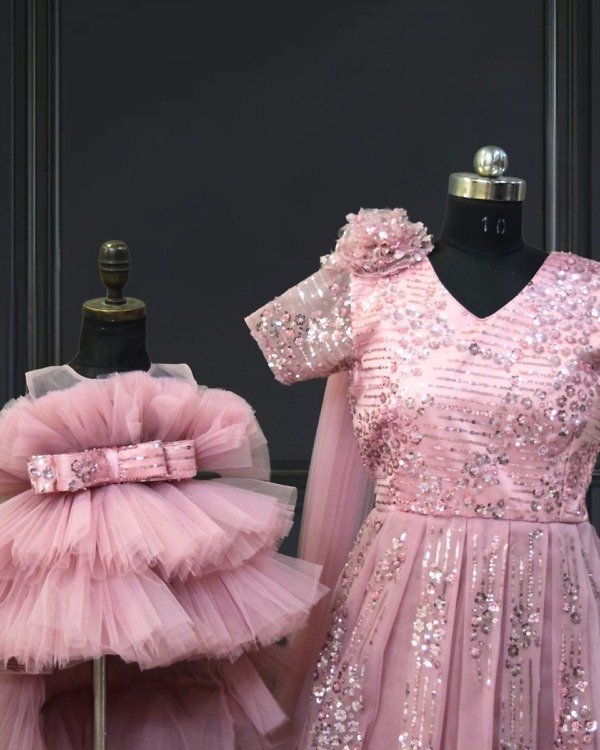 Pink Mother Daughter Matching Dress Set Family Outfit Party Wear Pink Blue India