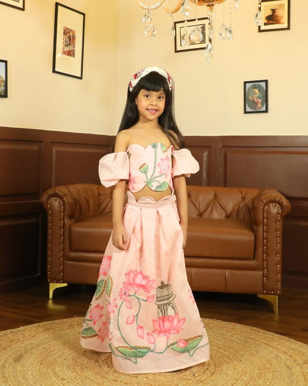 Girls Pink Crop Top Skirt Set Party Wear Birthday Outfit Modern Ethnic Style Pink Blue India