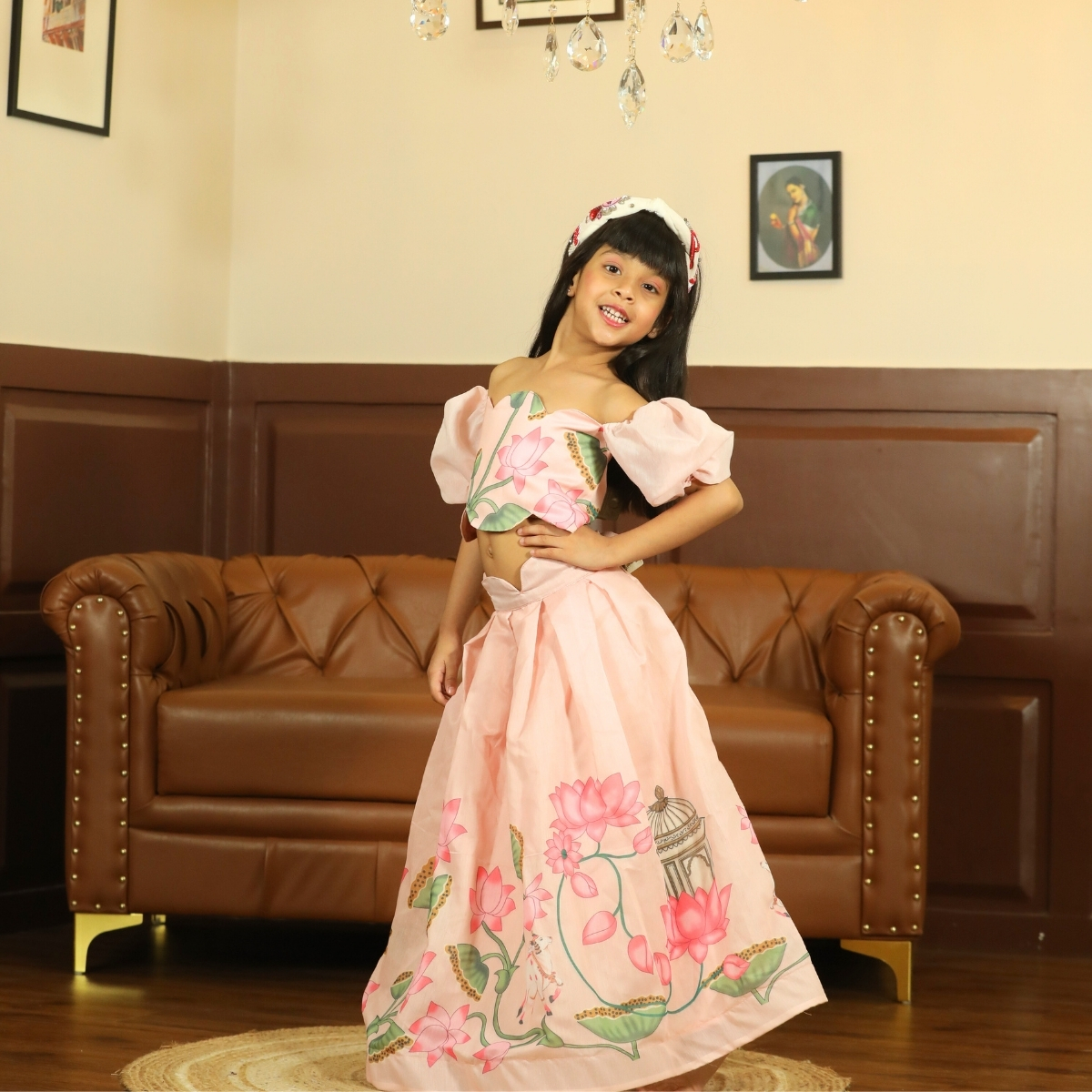 Girls Pink Crop Top Skirt Set Birthday Party Outfit Pink Blue India front view