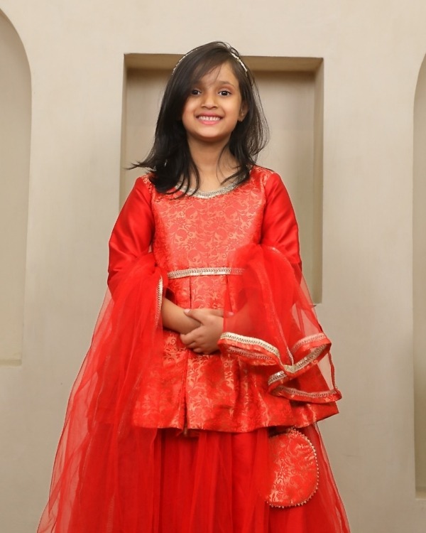 Girls Red Peplum Lehenga Set Ethnic Outfit Pink Blue India back view