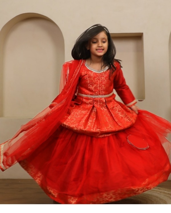 Girls Red Peplum Lehenga Set Wedding Wear Pink Blue India side view
