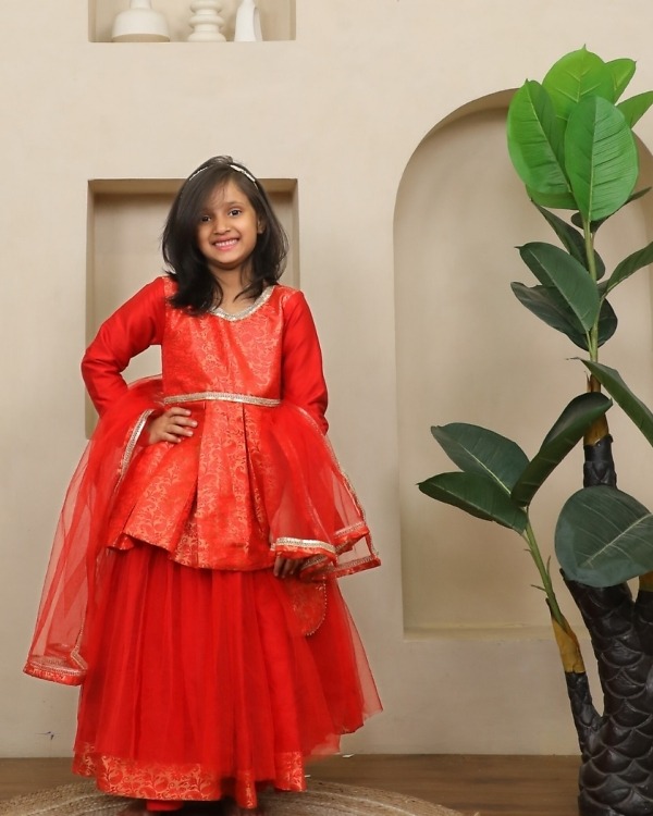 Girls Red Peplum Lehenga Set with Dupatta Wedding Wear Pink Blue India front view