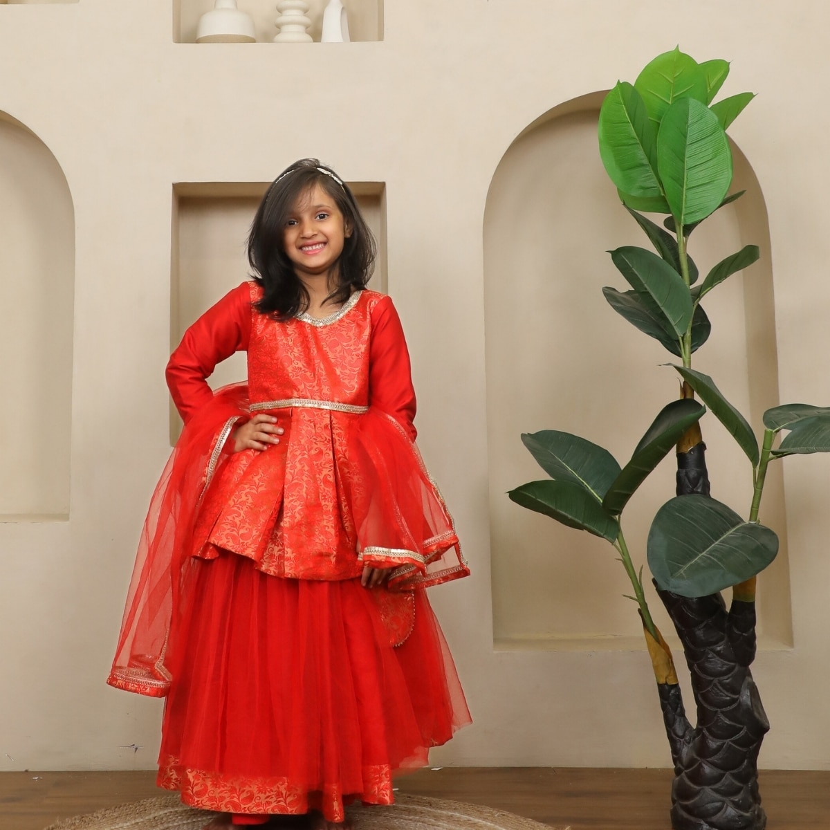 Girls Red Peplum Lehenga Set with Dupatta Wedding Wear Pink Blue India front view