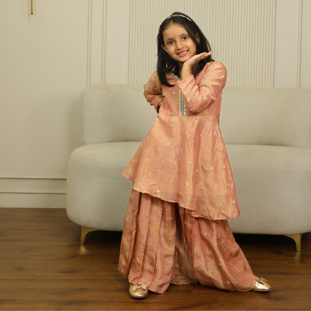 Girls Rust Peplum Sharara Set Ethnic Wear Pink Blue India front view