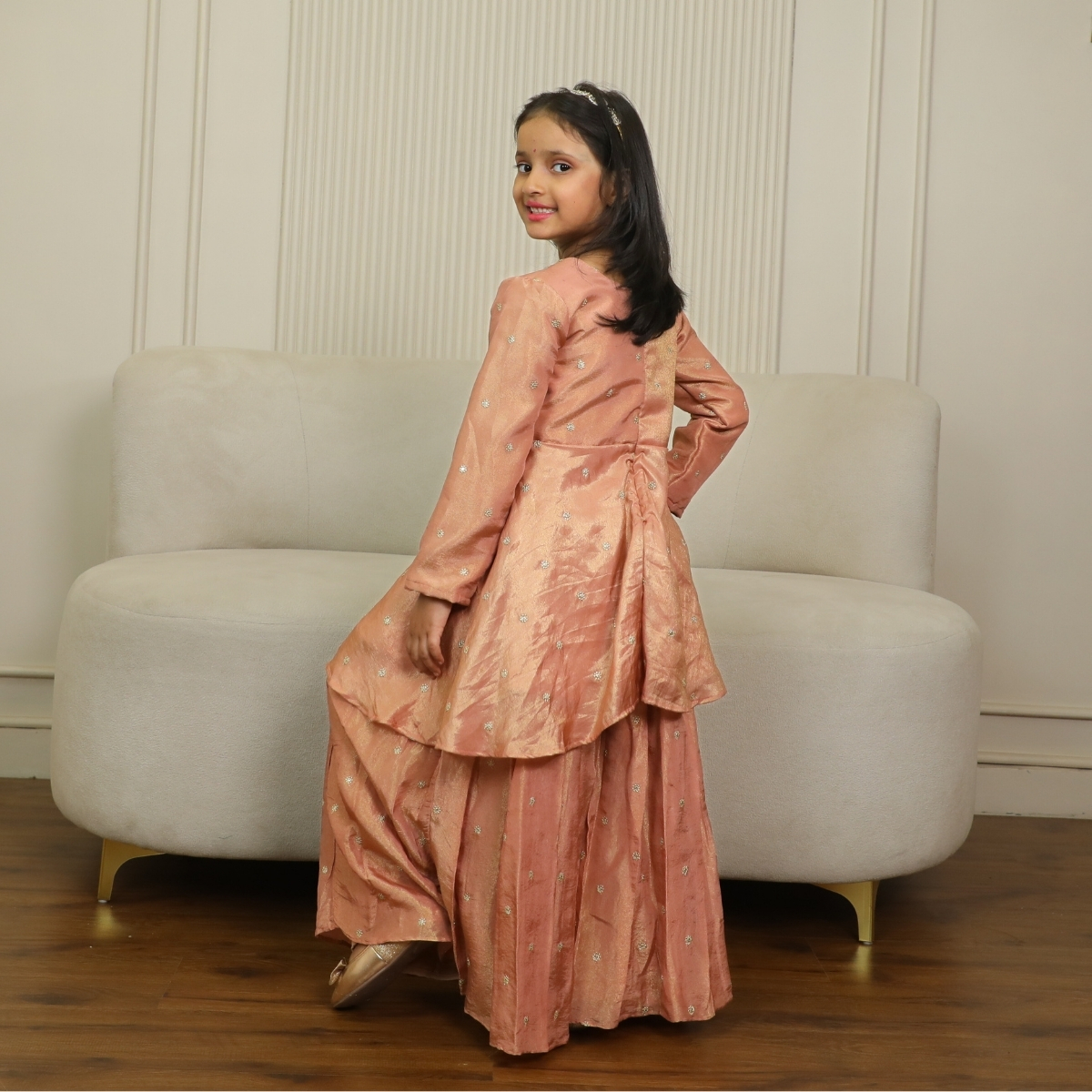 Girls Rust Peplum Sharara Set Festive Functions Pink Blue India Back view