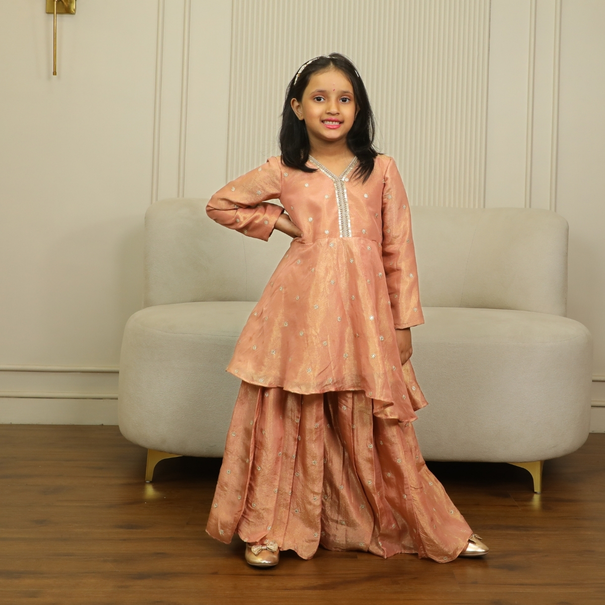 Girls Rust Peplum Sharara Set Ethnic Wear Pink Blue India front view